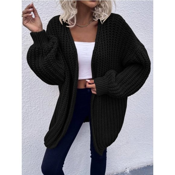 black Chunky Knit Open front comfy cozy sweater Cardigan - Picture 2 of 10
